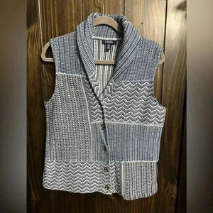 Chaps Blue and White Knit Button Front Shawl Collar Sweater Vest, Size Large